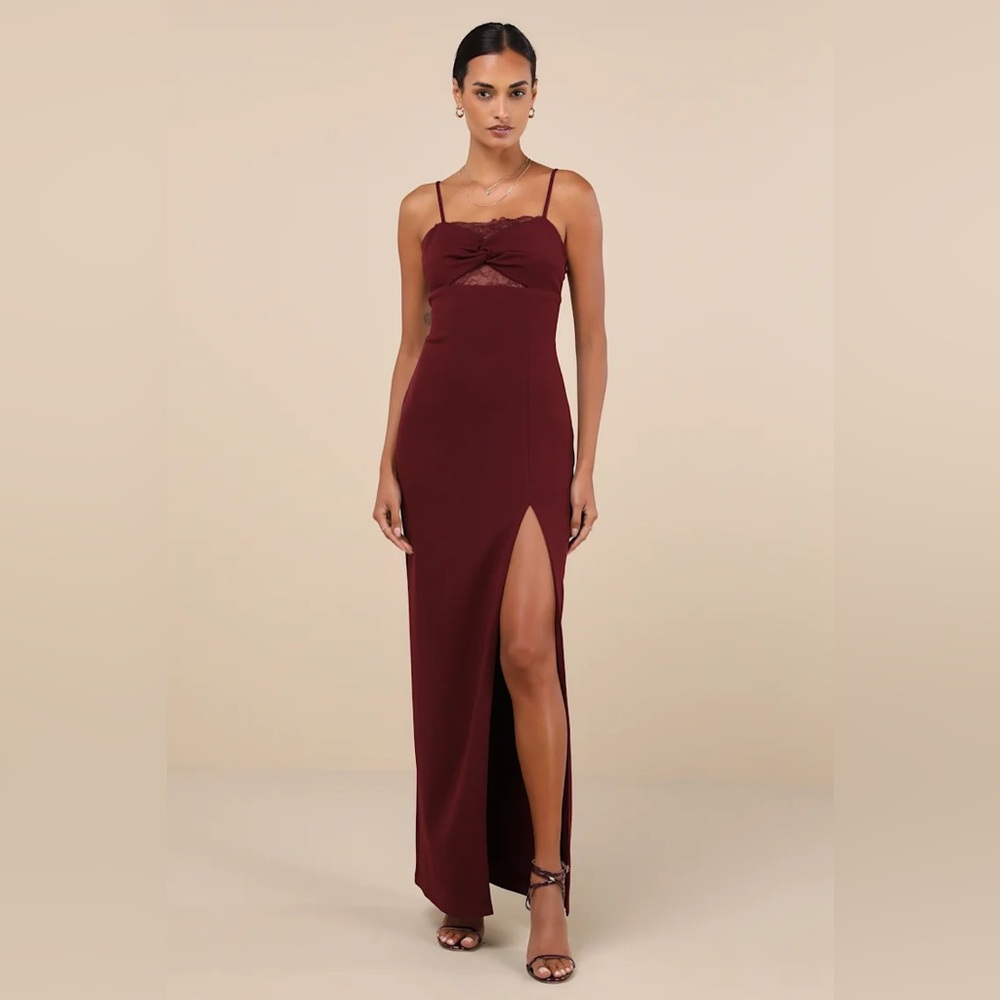 NWT Lulus plum purple lace twist front elegant maxi dress